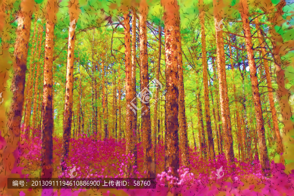 森林杜鵑紅,電腦水彩畫