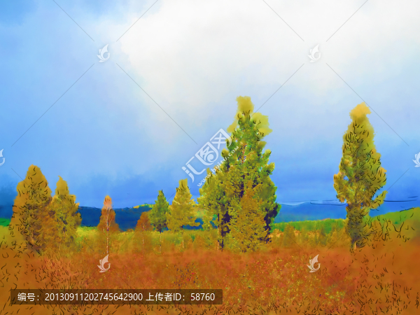 樹林秋色,電腦水彩畫