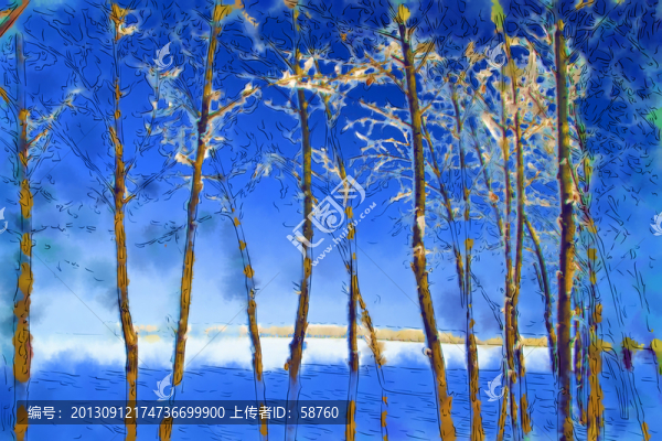 雪原樹林,電腦水彩畫