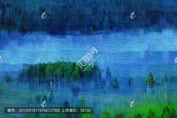 森林晨霧圖,電腦油畫