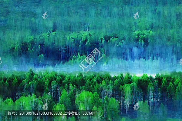森林晨霧圖,電腦油畫