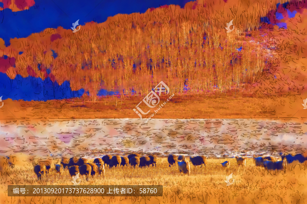 冬河暮色圖,電腦油畫
