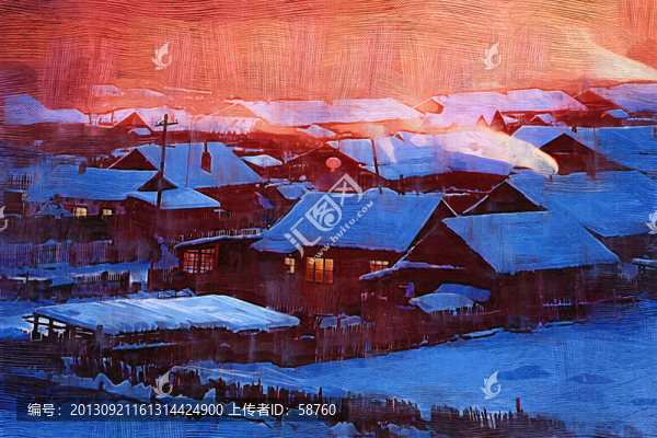 雪鄉(xiāng)山村暮色美,電腦油畫