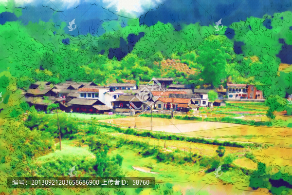 山村春意濃,電腦水彩畫