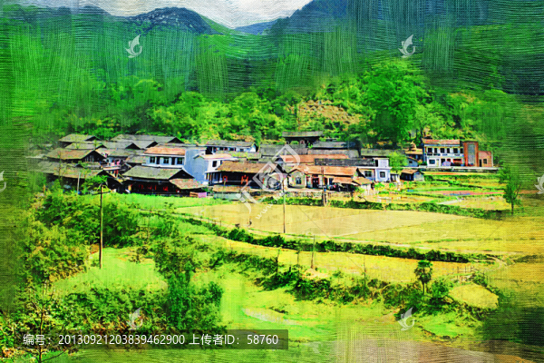 山村民居圖,電腦油畫