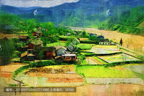 山村民居圖,電腦油畫