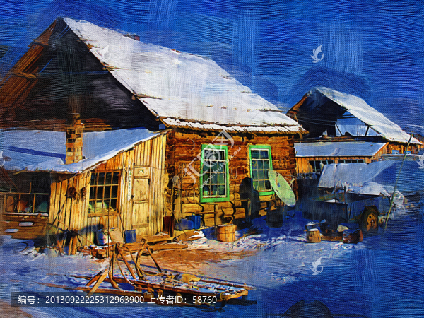 山村農(nóng)家雪景,電腦油畫(huà)