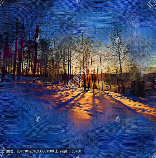 雪林夕照,電腦油畫