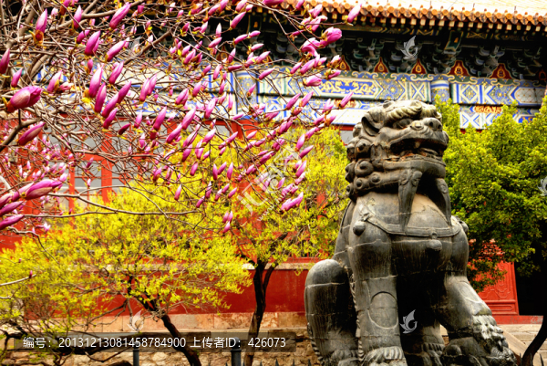 綠樹(shù)花叢銅獅子