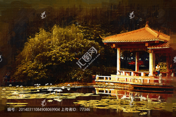 抽象畫,亭子,荷塘