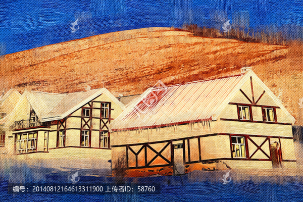 電腦油畫,雪原木屋