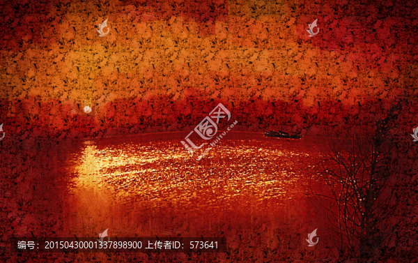 夕陽(yáng)湖邊小船油畫