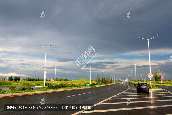 公路,彩虹,路燈