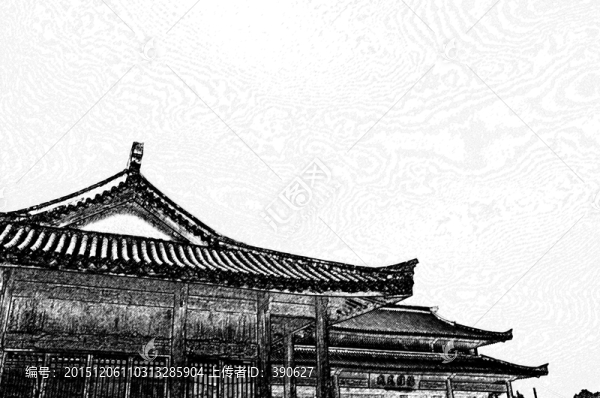 中式樓臺(tái)炭筆畫