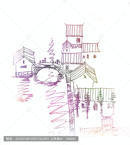 水鄉(xiāng),彩鉛手繪