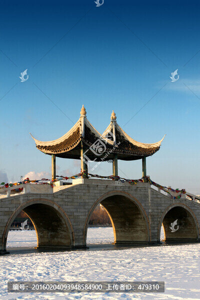 古建筑,石橋,涼亭,冰雪