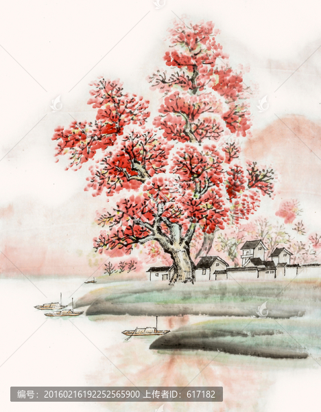 一樹紅霞,山水田園,國(guó)畫