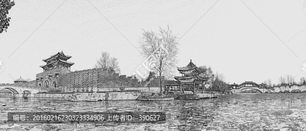 臺兒莊古城全景黑白線描,未分層