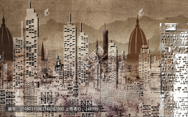 復(fù)古城市樓房背景墻裝飾畫