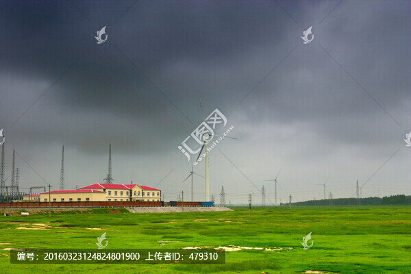 風(fēng)力發(fā)電,大風(fēng)車,高壓線,草原