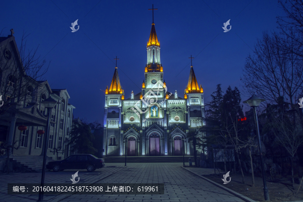 青州古街,天主教堂夜景