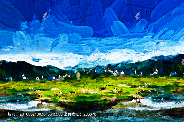 藍(lán)天白云牧場油畫