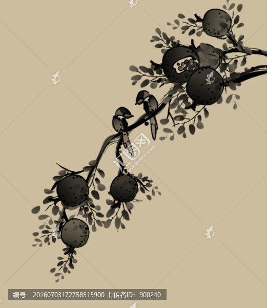 水墨,果實(shí),小鳥