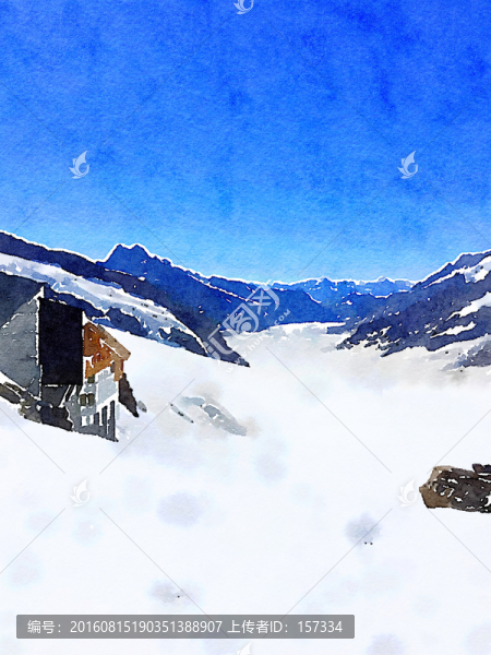 水彩畫,雪山風光