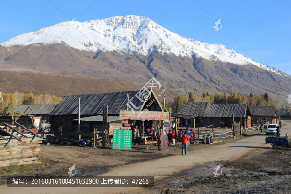 新疆禾木村農(nóng)舍雪山