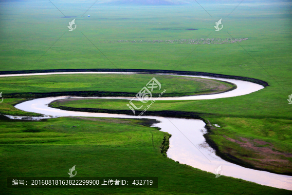 夏季草原牧場彎曲的河