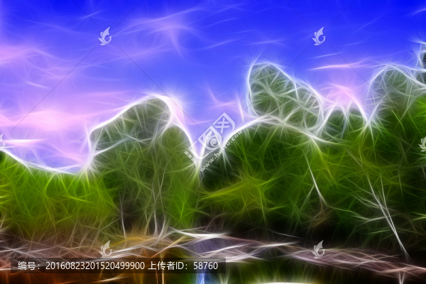 電腦畫,河景樹林