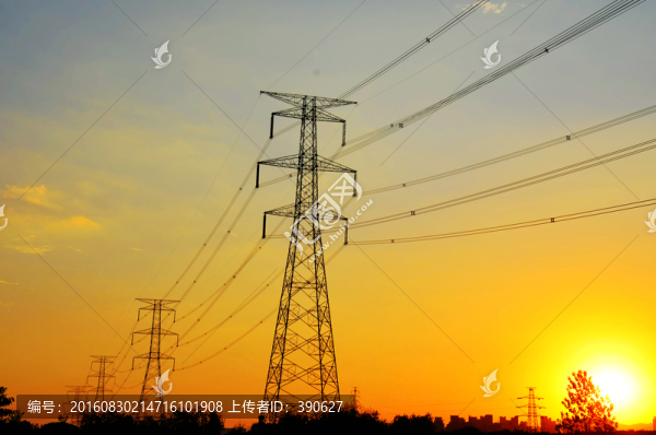 夕陽(yáng),高壓電線鐵塔