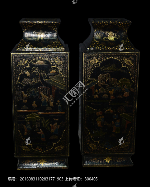 鎏金開(kāi)光人物漆面四方瓶