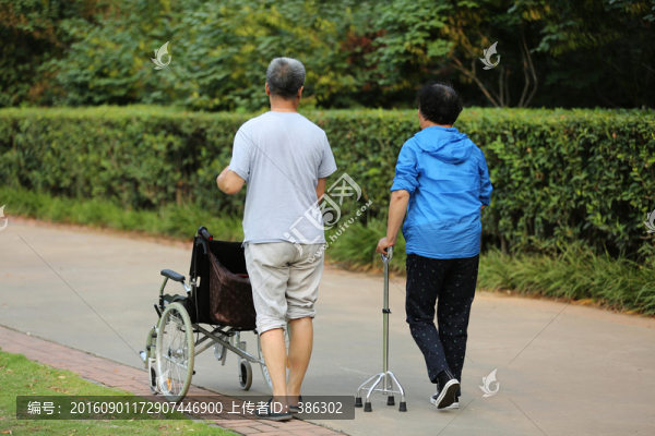 輪椅夫婦背影