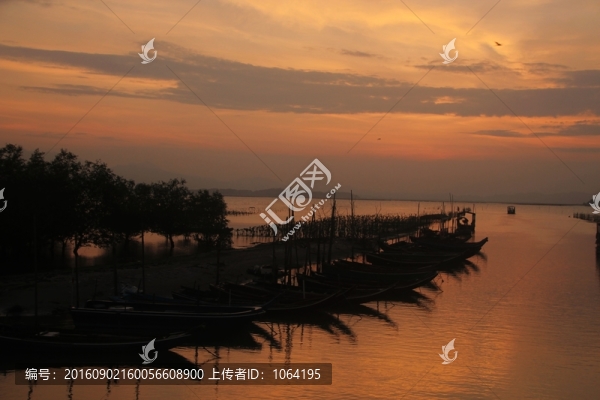 夕陽下整齊排列的漁船