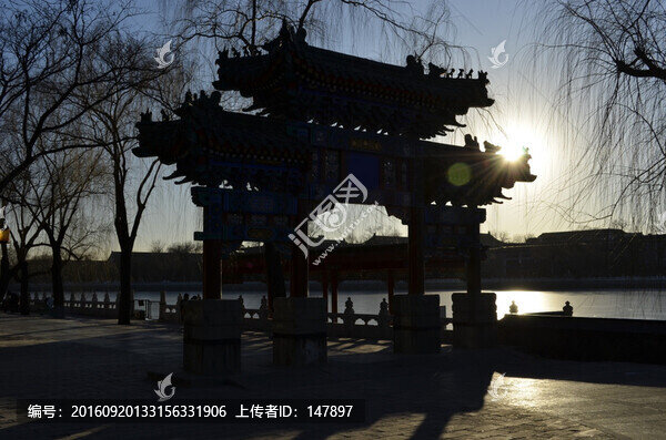北京,北海公園,夕陽(yáng),牌坊