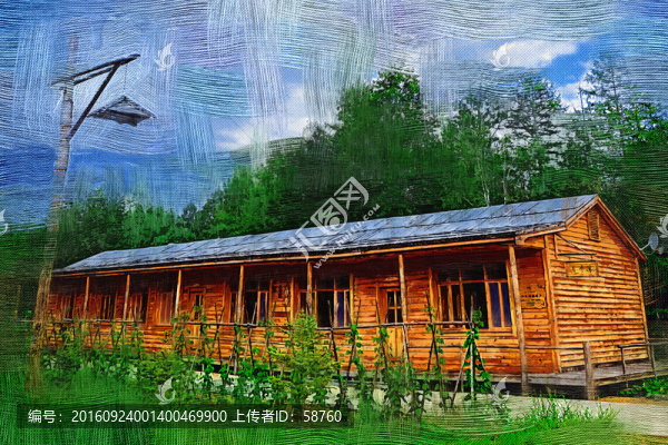電腦油畫,森林木屋
