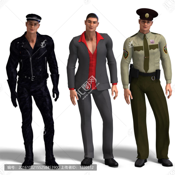 三種不同的服裝：騎車；dressman；警察