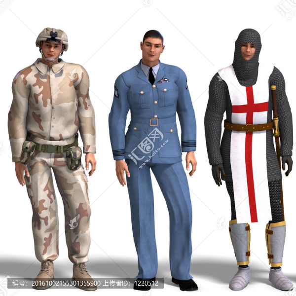 三種不同的服裝：戰(zhàn)士；空軍；Knight