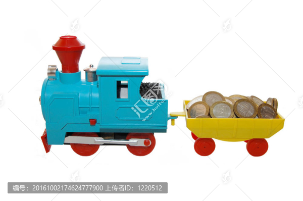 在白色背景上攜帶硬幣的玩具火車