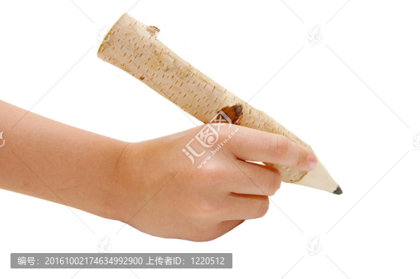 非常大的鉛筆在女人的手孤立在白色背景