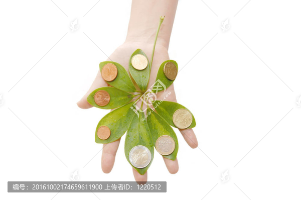 雌手拿著樹(shù)葉和硬幣