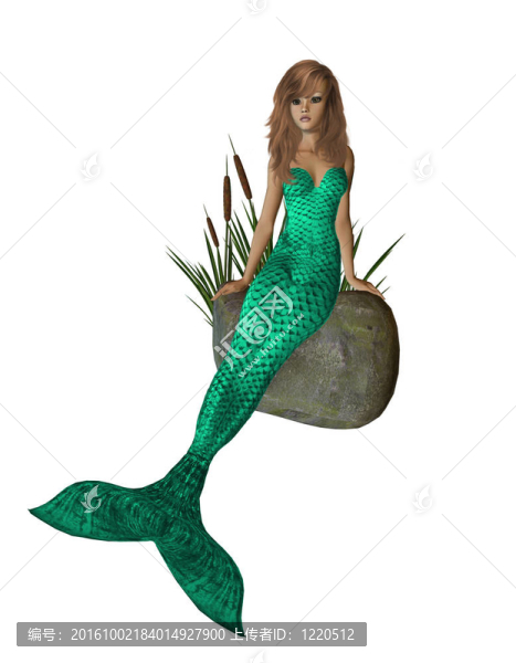 綠色的美人魚坐在巖石上