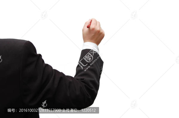在白色背景上孤立的商人手拿筆