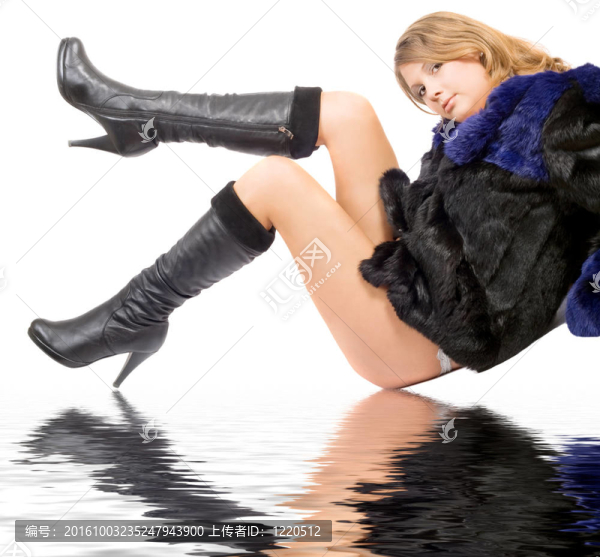 穿毛皮大衣和靴子的年輕女人