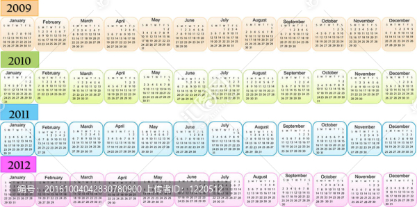 日歷；新年2009；2010；2011；2012