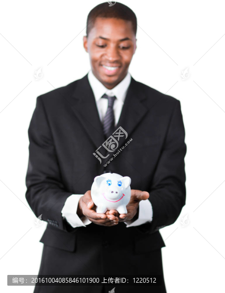 一個抱著小豬存錢罐的英俊商人的畫像