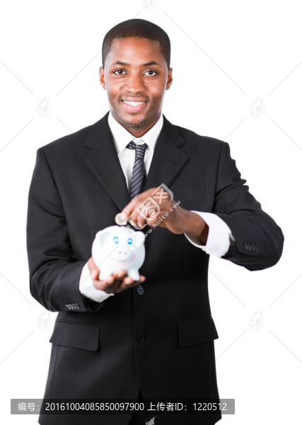 商人把錢(qián)放進(jìn)他的存錢(qián)罐