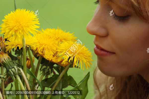 美麗的金發(fā)女郎（女孩）在田野里享受著陽光和花香