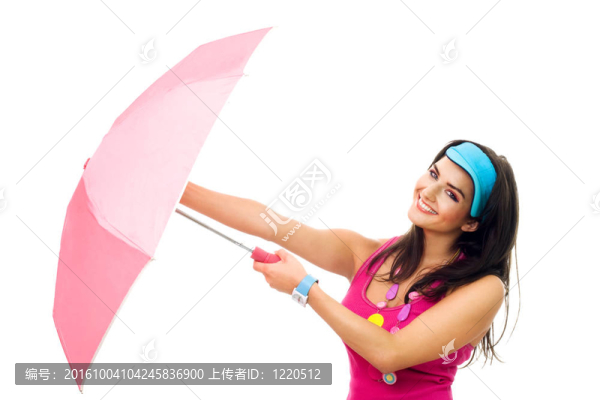 年輕女子在粉紅色打開傘